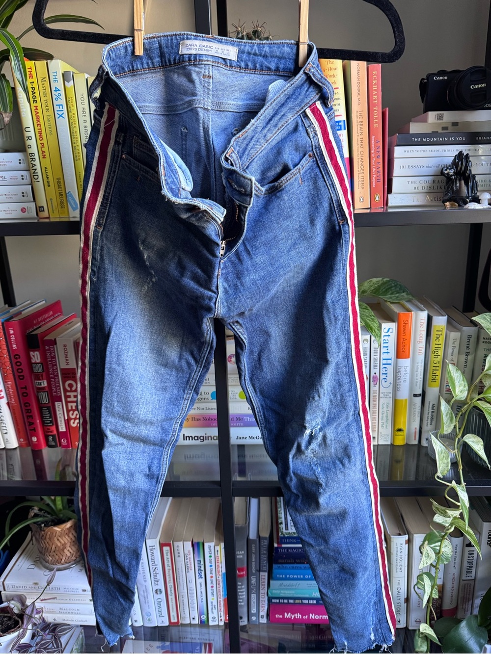 Zara Women’s Blue Skinny Jeans with Red & White Side Stripes